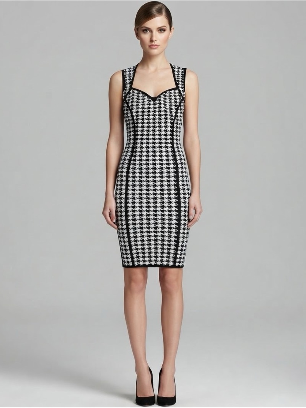 GUESS Black & White Houndstooth Bodycon Dress Size L Cutout Y2K Chic